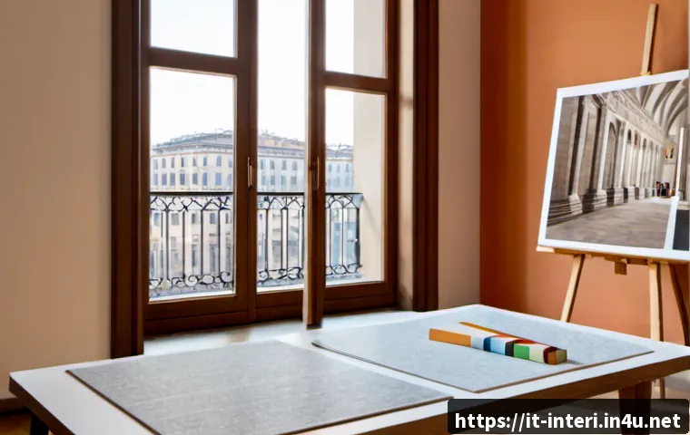 실내건축 포트폴리오에서 강조해야 할 점 - Photorealistic interior architect portfolio scene in a bright Milan studio, elegant material board w...