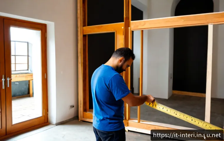 실내건축 실습 중 자주 발생하는 오류 - Photorealistic interior architecture workshop in Italy, an adult student carefully measuring a sligh...